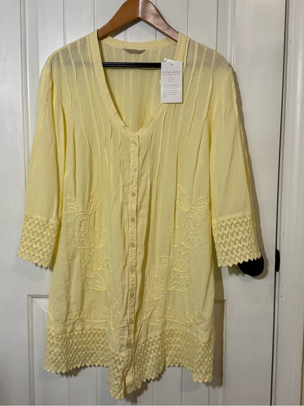 Soft Surroundings Pale Yellow Embroidered V-Neck Button Tunic